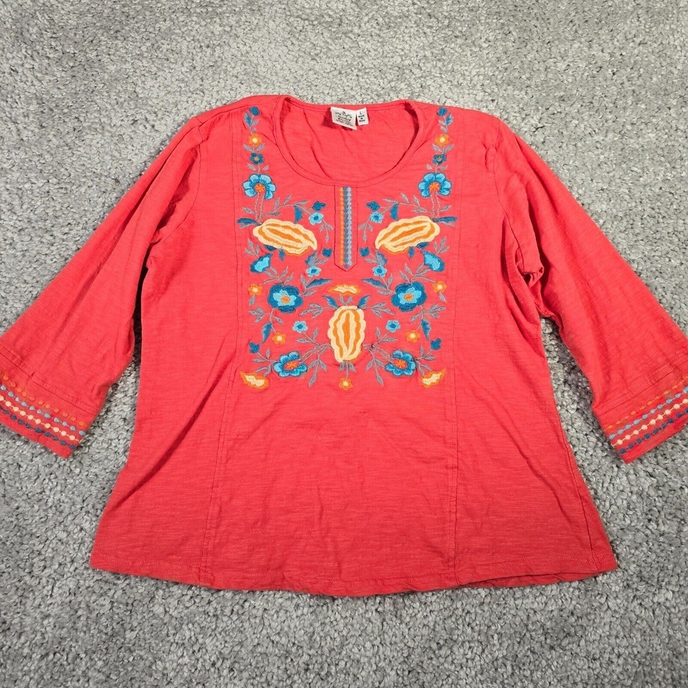 Parsley & Sage Womens Coral Embroidered Tunic Top‎ Size L Boho Folk Cottage